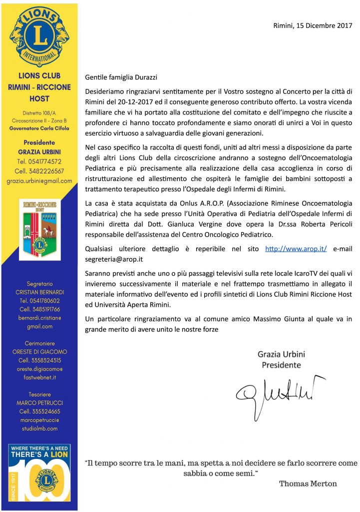 Lettera di ringraziamento della donazione del Comitato Alessio Durazzi, a sostegno dell'Oncoematologia Pediatrica dell'Ospedale di Rimini.